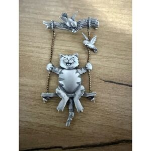 Vintage Spoontiques JJ Jonette Pewter Cat on a Swing Bird Brooch Pin